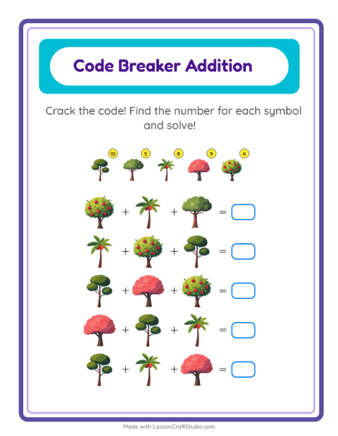 Secret Code Math with Trees — Grade 2 — 2