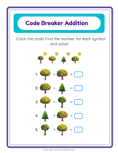 Preview of Secret Code Math with Trees — Grade 2