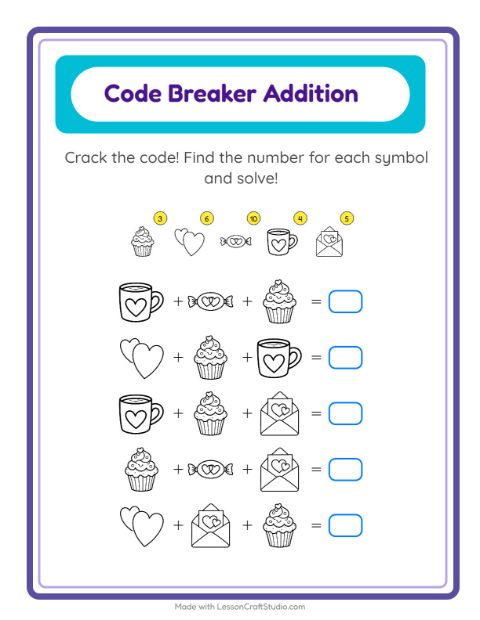 Secret Code Addition with Valentine Pictures (Black & White) — Grade 1 — 2