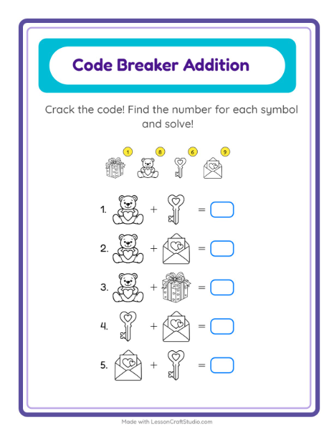 Secret Code Addition with Valentine Pictures (Black & White)