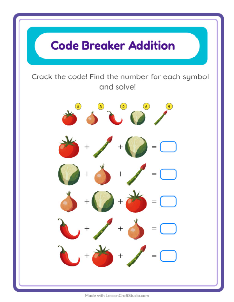 Secret Code Math with Vegetables — Grade 2 — 2