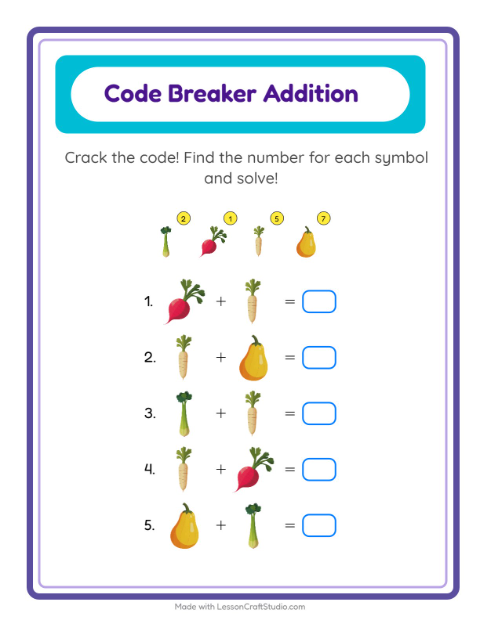 Secret Code Math with Vegetables — Grade 2