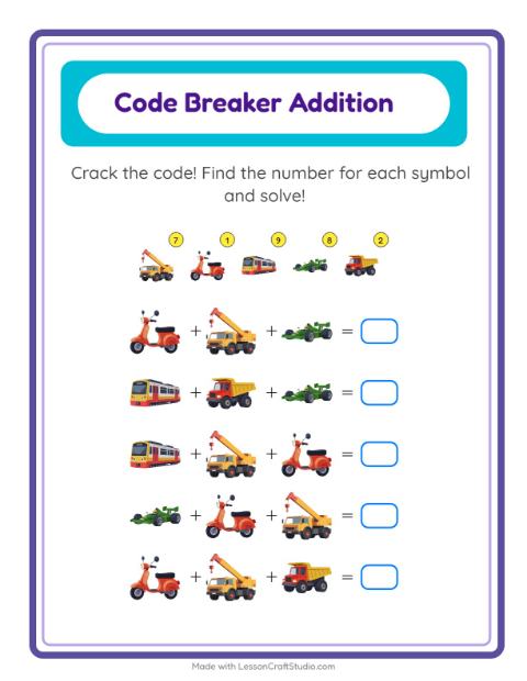 Secret Code Addition with Vehicles — Grade 1 — 2