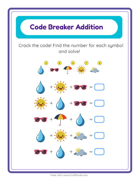 Preview of Code Addition worksheet featuring Weather for kindergarten