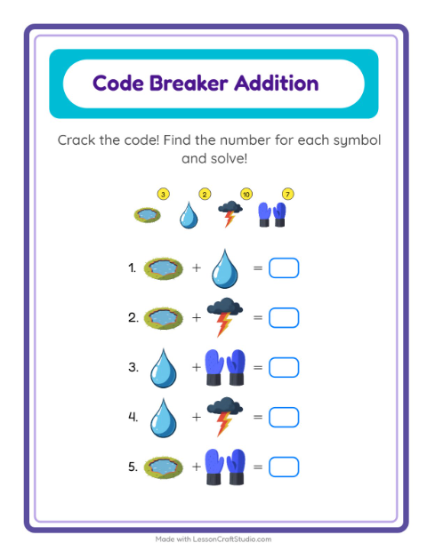 Preview of Code Addition worksheet featuring Weather for kindergarten