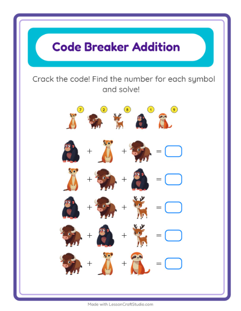 Secret Code Addition with Zoo Animals — Grade 1 — 2
