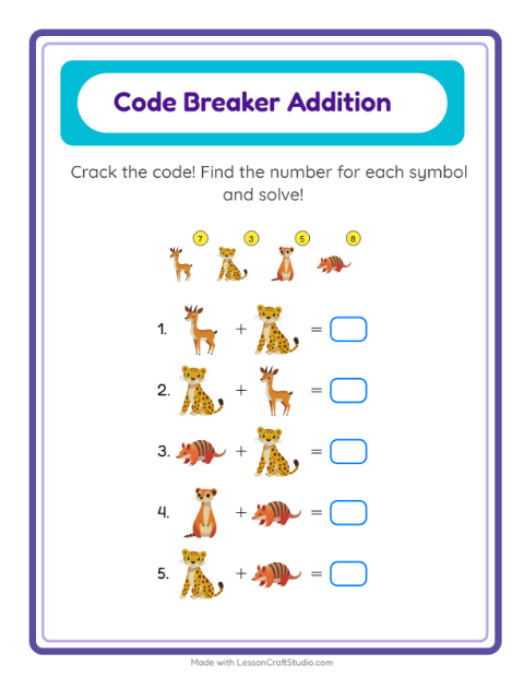 Secret Code Addition with Zoo Animals