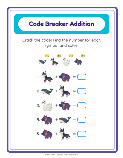 Preview of Code Addition worksheet for kindergarten