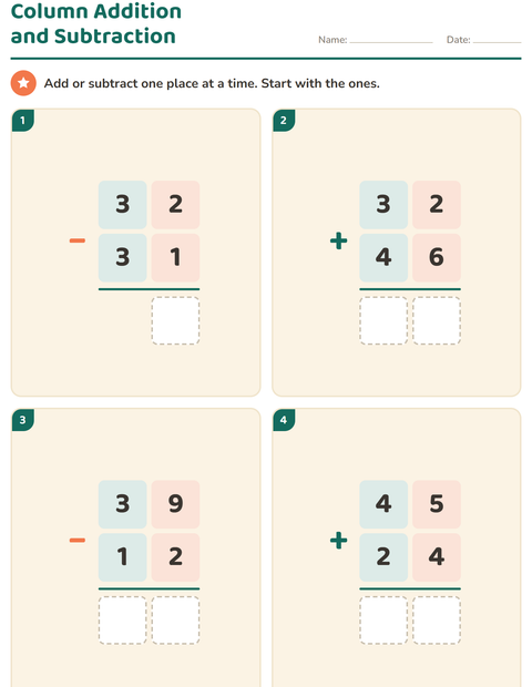 Preview of Column Addition and Subtraction worksheet for grade 2