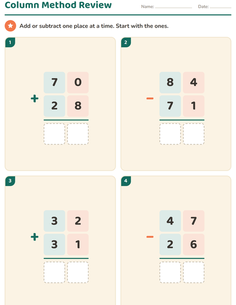 Preview of Column Addition and Subtraction worksheet for grade 2