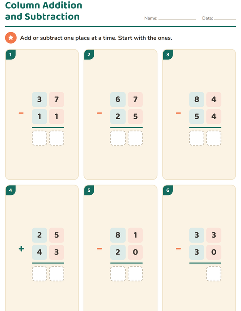 Preview of Column Addition and Subtraction worksheet for grade 2
