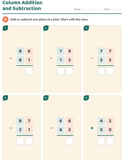 Preview of Column Addition and Subtraction worksheet for grade 2