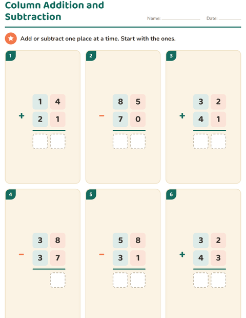 Preview of Column Addition and Subtraction worksheet for grade 2