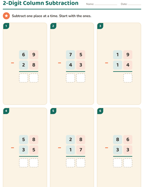 2-Digit Column Subtraction Without Regrouping