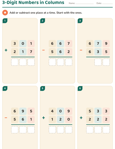 Preview of Column Addition and Subtraction worksheet for grade 2
