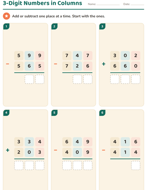3-Digit Numbers in Columns: Add and Subtract