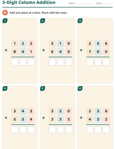 3-Digit Column Addition Without Regrouping