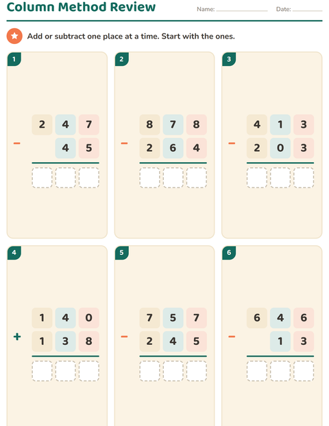 Preview of Column Addition and Subtraction worksheet for grade 2