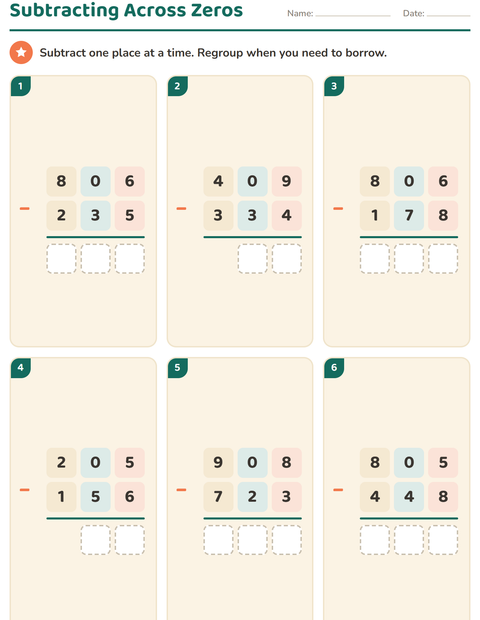 Subtracting Across Zeros: 3-Digit Subtraction