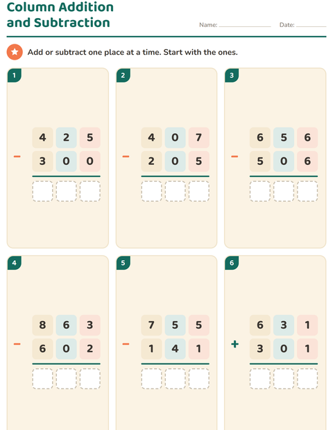 Preview of Column Addition and Subtraction worksheet for grade 2