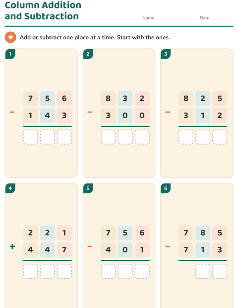 Preview of Column Addition and Subtraction worksheet for grade 2