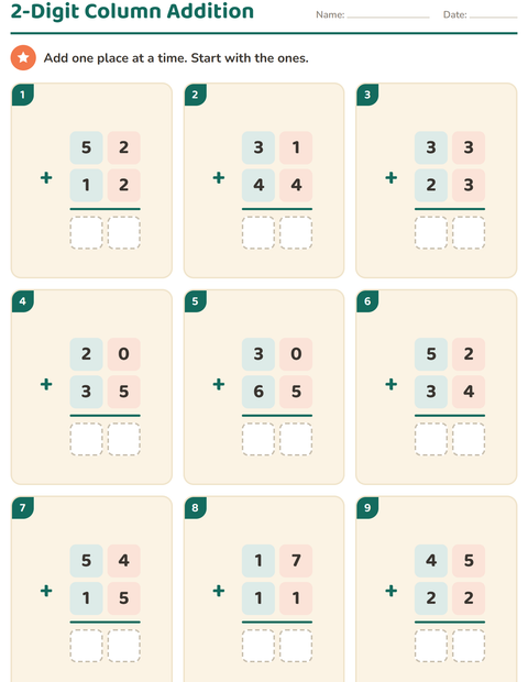Preview of Column Addition and Subtraction worksheet for grade 2