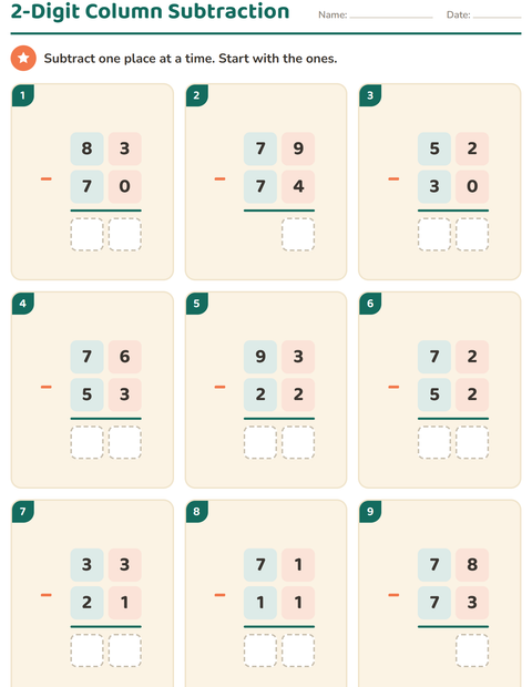 Preview of Column Addition and Subtraction worksheet for grade 2