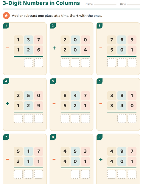 Preview of Column Addition and Subtraction worksheet for grade 2