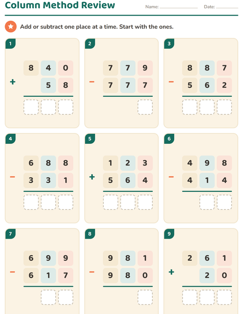 Preview of Column Addition and Subtraction worksheet for grade 2