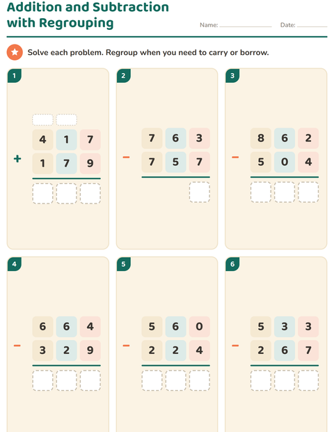 Preview of Column Addition and Subtraction worksheet for grade 3