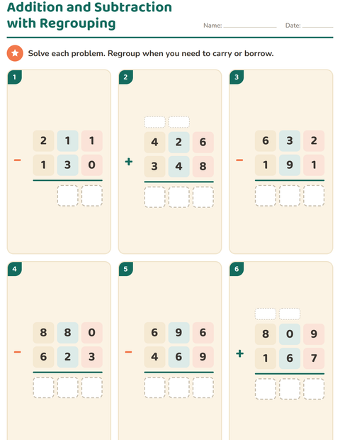 Preview of Column Addition and Subtraction worksheet for grade 3