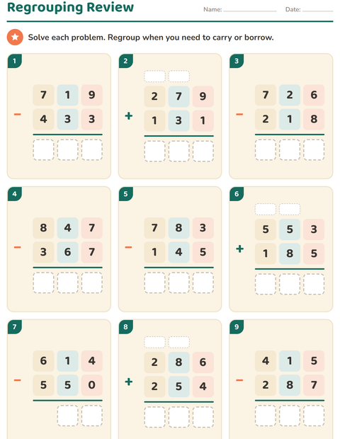 Preview of Column Addition and Subtraction worksheet for grade 3