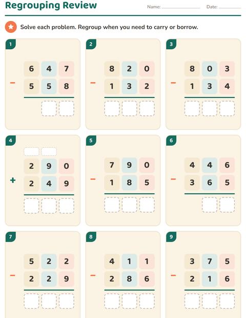 Preview of Column Addition and Subtraction worksheet for grade 3