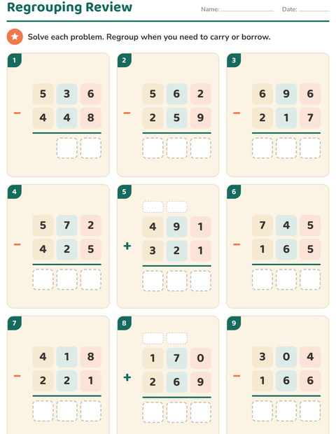 Preview of Column Addition and Subtraction worksheet for grade 3