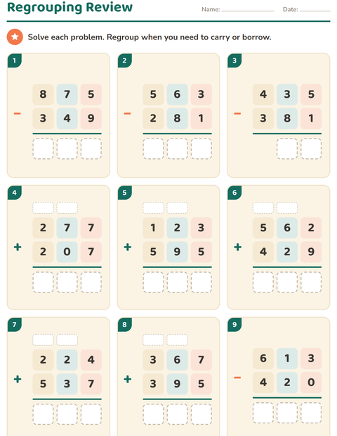Preview of Column Addition and Subtraction worksheet for grade 3