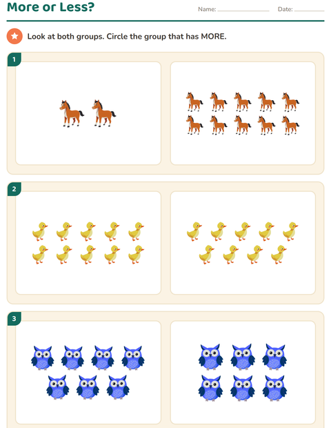 Preview of Comparing Groups worksheet featuring Animals for kindergarten