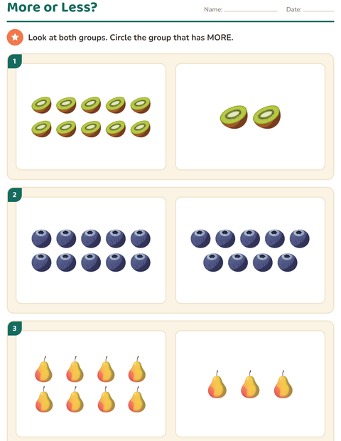 Preview of Comparing Groups worksheet featuring Fruits for kindergarten