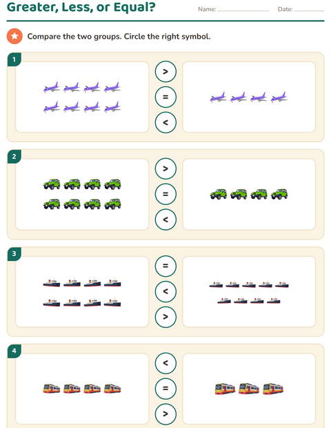 Preview of Comparing Groups worksheet featuring Vehicles for grade 1