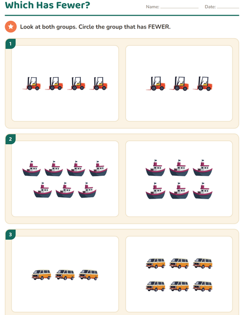 Preview of Comparing Groups worksheet featuring Vehicles for kindergarten