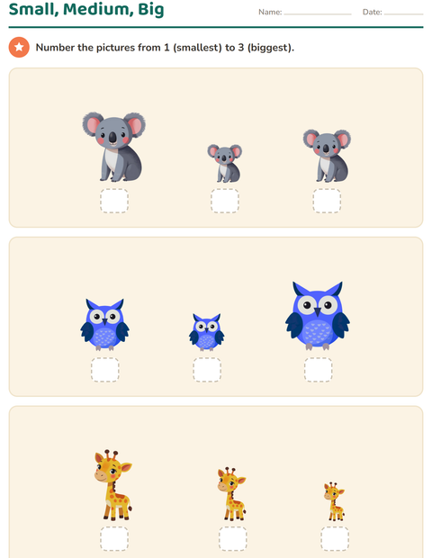 Preview of Comparing Sizes worksheet featuring Animals for kindergarten