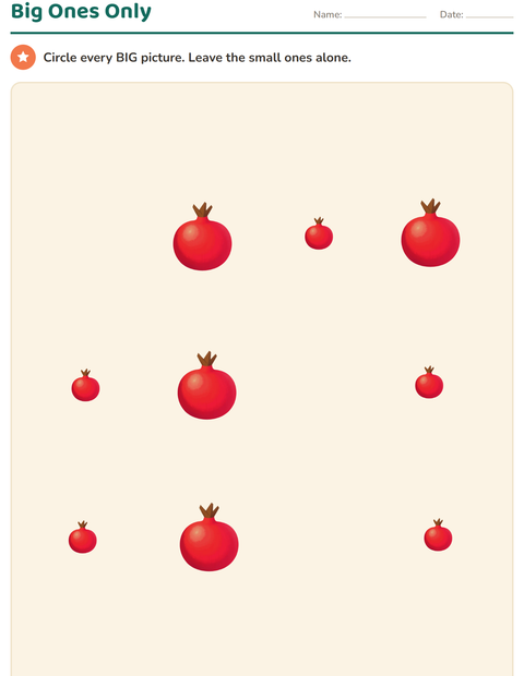 Preview of Comparing Sizes worksheet featuring Fruits for kindergarten