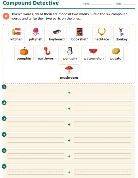 Compound Detective: Which Six of Twelve Words Are Made of Two?