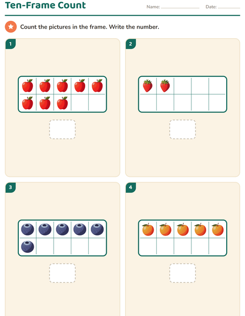 Preview of Ten Frames worksheet featuring Fruits for kindergarten