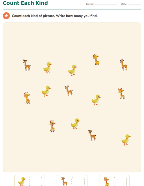 Preview of Counting Pictures worksheet featuring Animals for kindergarten