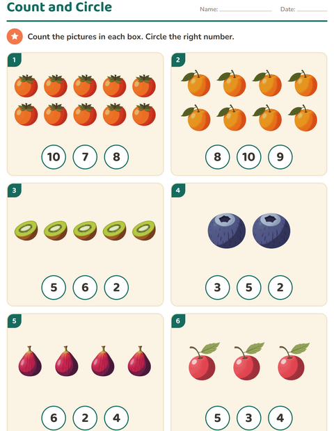 Preview of Counting Pictures worksheet featuring Fruits for kindergarten