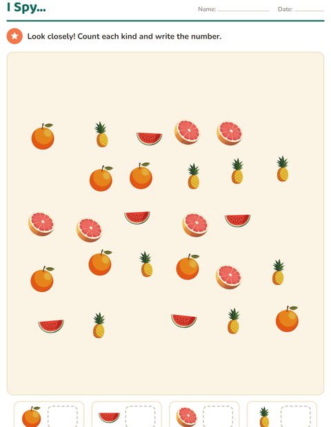 Preview of Counting Pictures worksheet featuring Fruits for kindergarten