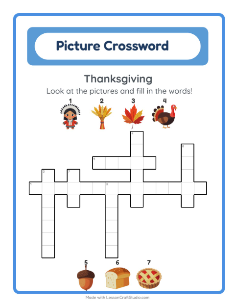Preview of Crossword worksheet featuring Thanksgiving for grade 2