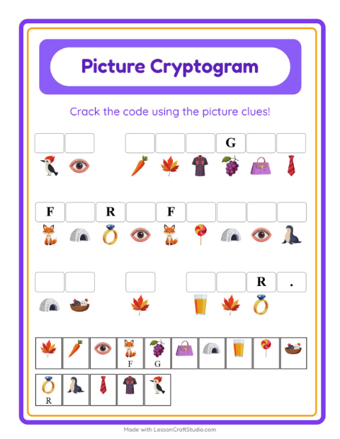 Preview of Cryptogram worksheet for kindergarten