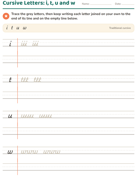 Cursive Letters: i, t, u and w