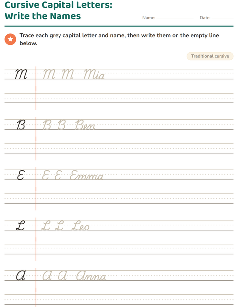 Cursive Capital Letters: Write the Names